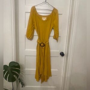 Anthropologie Maeve Artemis Midi Dress Mustard Yellow Ruffle Hem, Belted. Size 6